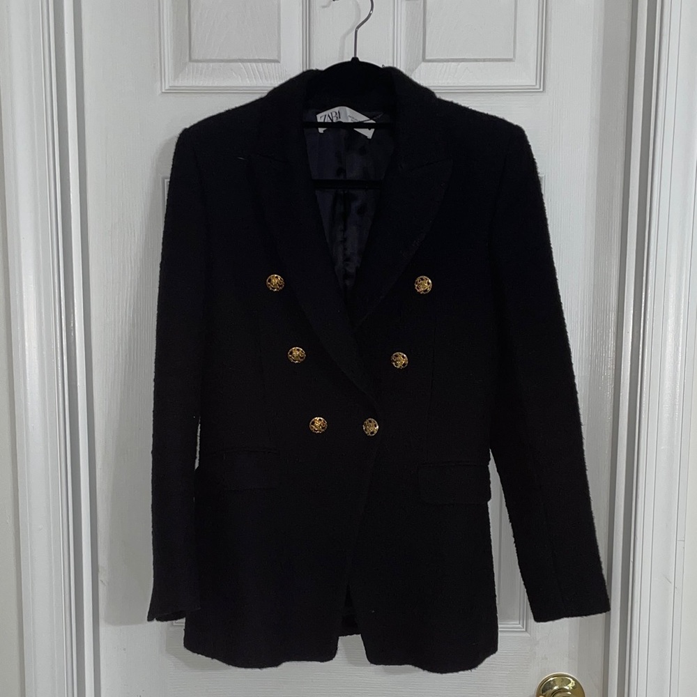 Zara Black Tweed Blazer with Gold Buttons